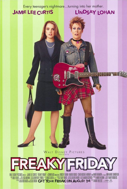 Freaky Friday movie poster with Lindsay Lohan in a dark suit, high heels, and a pearl necklace, and Jamie Lee Curtis with spiky hair, a denim jacket, a short skirt, and knee-high boots with an electric guitar