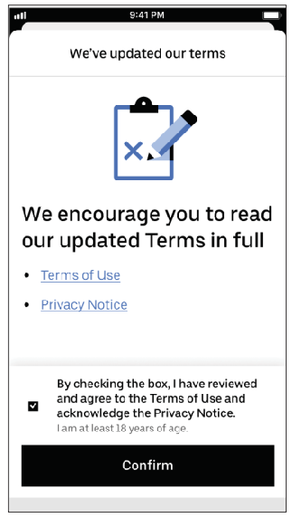 Image of second Uber announcement of updated terms of service
