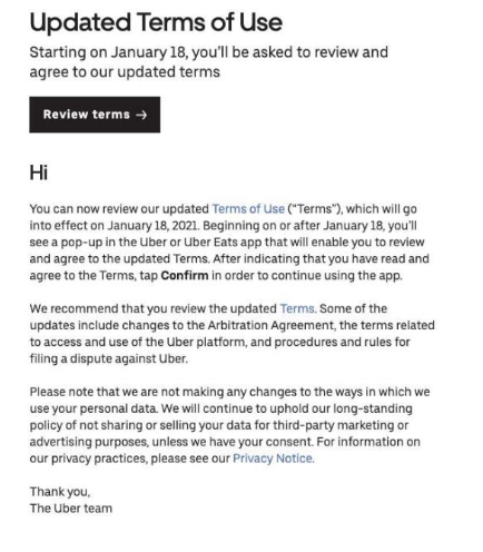 Image of Uber announcement of updated terms of service